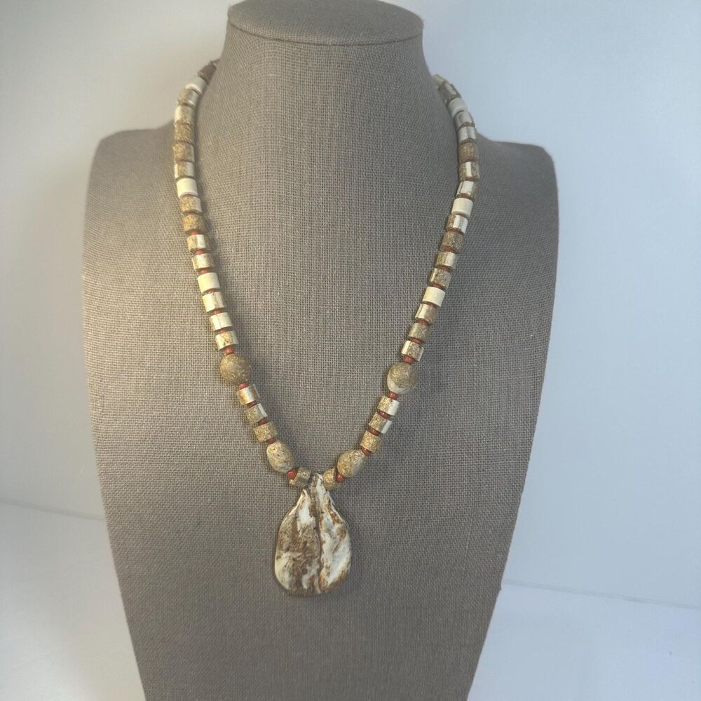 Stone Pendant & Bead Necklace - Primitive Organic Vibe - 18”